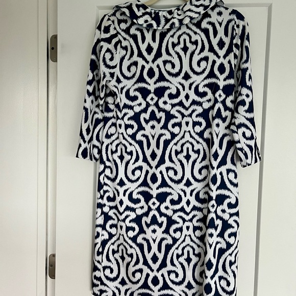 Gretchen Scott Designs Navy and White Sheath Dress 3/4 Sleeve Scoop Neck - Picture 3 of 4